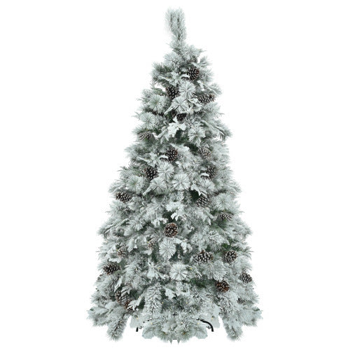 6FT Pre-Lit Spruce Snow Flocked Christmas Tree With Pine Cones