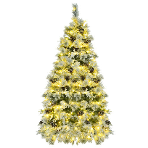 6FT Pre-Lit Spruce Snow Flocked Christmas Tree With Pine Cones