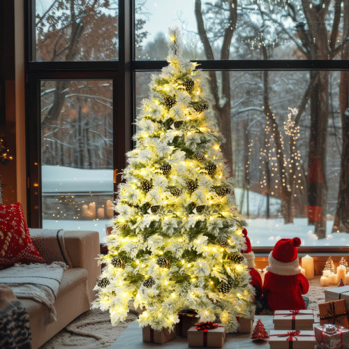 6FT Pre-Lit Spruce Snow Flocked Christmas Tree With Pine Cones