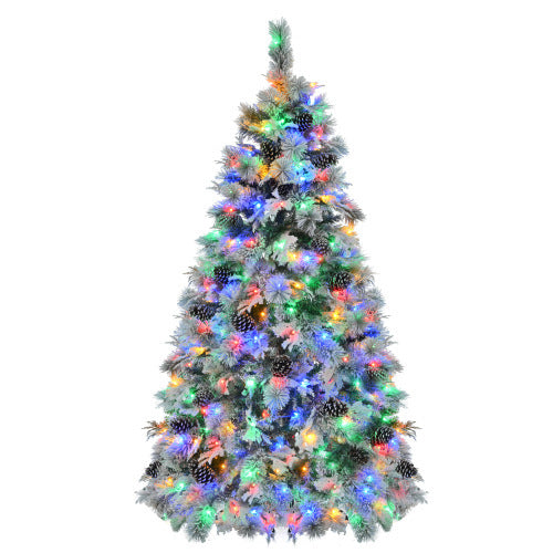 6FT Pre-Lit Spruce Snow Flocked Christmas Tree With Pine Cones