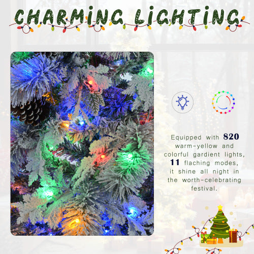 6FT Pre-Lit Spruce Snow Flocked Christmas Tree With Pine Cones