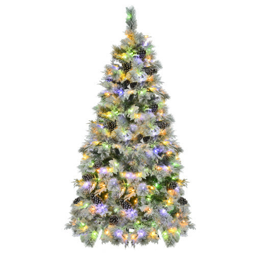 6FT Pre-Lit Spruce Snow Flocked Christmas Tree With Pine Cones