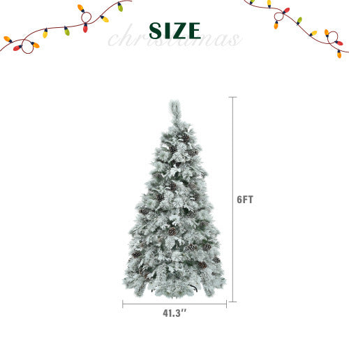 6FT Pre-Lit Spruce Snow Flocked Christmas Tree With Pine Cones